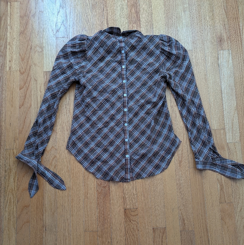 Veronica Beard Isabel Plaid Brown Puff Sleeve Button Back Blouse Size 8 - Picture 5 of 11